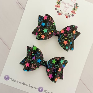 Halloween black rainbow neon stars pigtail hair bow set, baby girl hair bows, hair clips, headbands, toddler hair accessories