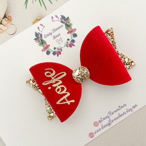 Personalised Christmas name number birthday velvet suede red glitter rose hair bow, hair clips, headbands, toddler hair accessories