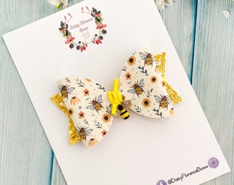 Summer bee floral yellow sparkly glitter hair bow, hair clips, headbands, toddler hair accessories