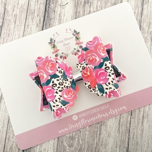 Pink black rose leopard print glitter scallop hair bow, baby girl hair bows, hair clips, headbands, toddler hair accessories