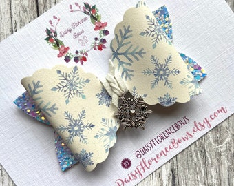 Christmas blue snowflake suede charm cord glitter sparkly hair bow, hair clips, headbands, toddler hair accessories