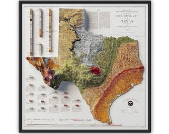 Geologic Map Of The State of Texas 1919 Vintage Reprint Historical Map With Relief Effect, Texas Vintage Art, Texas Wall Decor, Texas Poster