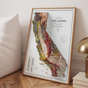 California Map with 3D Relief – Vintage 1916 Geological Print | Shaded Wall Art | State Decor for Home or Office | Unique Gift Idea