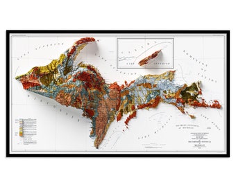 May include: A vintage-style, 3D relief map of the Upper Peninsula of Michigan, showing the geological formations in various colors. The map is framed in black and has a white background.