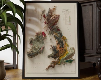 May include: A framed vintage map of the British Isles with a 3D relief effect, showing the topography of the islands in various colors. The map is titled "The British Isles" and includes a color key for the different elevations.