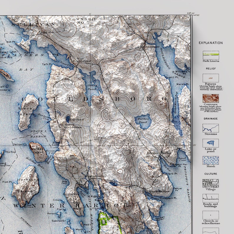 Acadia Map 1931 Vintage Reprint Historical Map With Relief Effect, Acadia National Park Vintage Art, Acadia Wall Decor, Acadia Print image 5