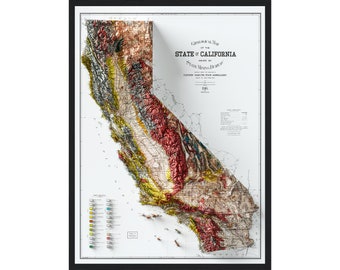 Geological Map Of The State of California 1916 Vintage Reprint Historical Map With Raised Relief Effect, Vintage Wall Art, California Print