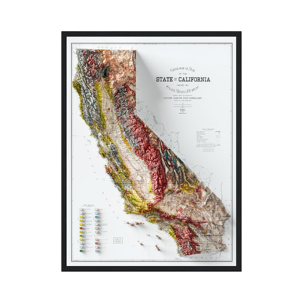 Mapa geológico del estado de California 1916 Mapa histórico de reimpresión vintage con efecto de relieve elevado, arte de pared vintage, impresión de California