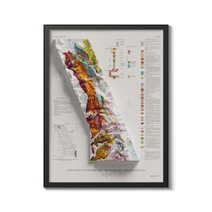 Geologische kaart Sierra Nevada 1992 – vintage stijl met 3D-uiterlijk | Noordelijke Sierra-kunst aan de muur | Woondecoraties in de bergen