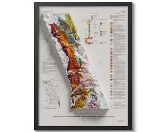 May include: A detailed geological map of the Northern Sierra Terrane, California, north of latitude 39°N. The map is a 3D relief map with a colour-coded key showing different geological formations. The map is framed in black.