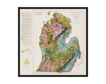 May include: A vintage map of the Quaternary Geology of Southern Michigan. The map is in a black frame and shows the geological formations of the state in different colors.