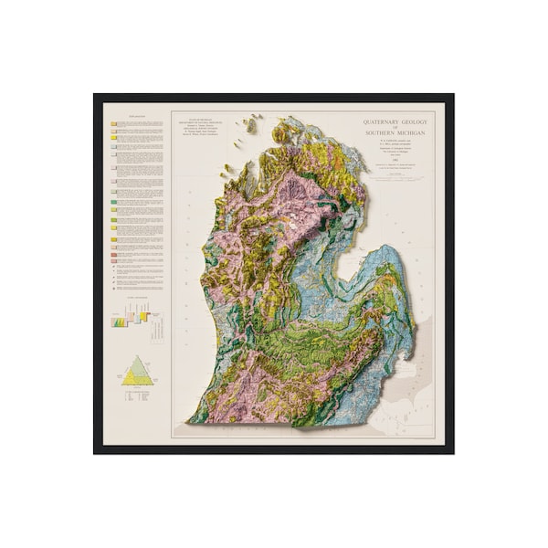 Southern Michigan Geologic Map, Michigan Map, Michigan Geology Vintage Reprint Historical Wall Map With Relief Effect, Michigan Home Decor