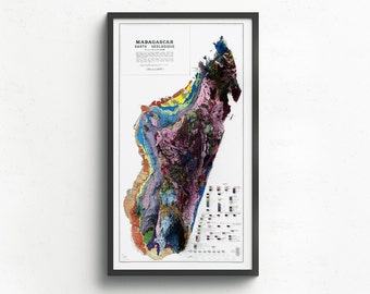 May include: A geological map of Madagascar, showing the different rock formations and geological features of the island. The map is framed in black and has the title "MADAGASCAR CARTE GEOLOGIQUE" at the top.