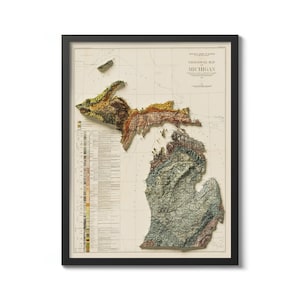 Bundesstaat Michigan Karte Druck 1916, Geologischer Vintage Reprint Historische Karte mit Reliefeffekt, Vintage Wandkunst, Missouri Karte
