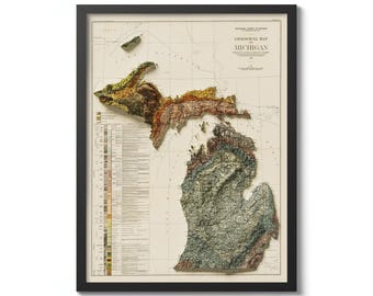 Vintage Michigan Map Print, 1916 Geologic Shaded Relief Wall Art