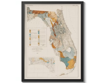 May include: A vintage geological map of Florida from 1910. The map shows the different geological formations in the state, with a key to the different colors and symbols used. The map is framed in black.