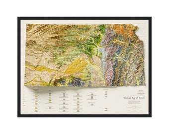 Geologic Map Of The State of Kansas 1964 Vintage Reprint Historical Map With Relief Effect, Kansas Vintage Wall Art , Kansas Poster