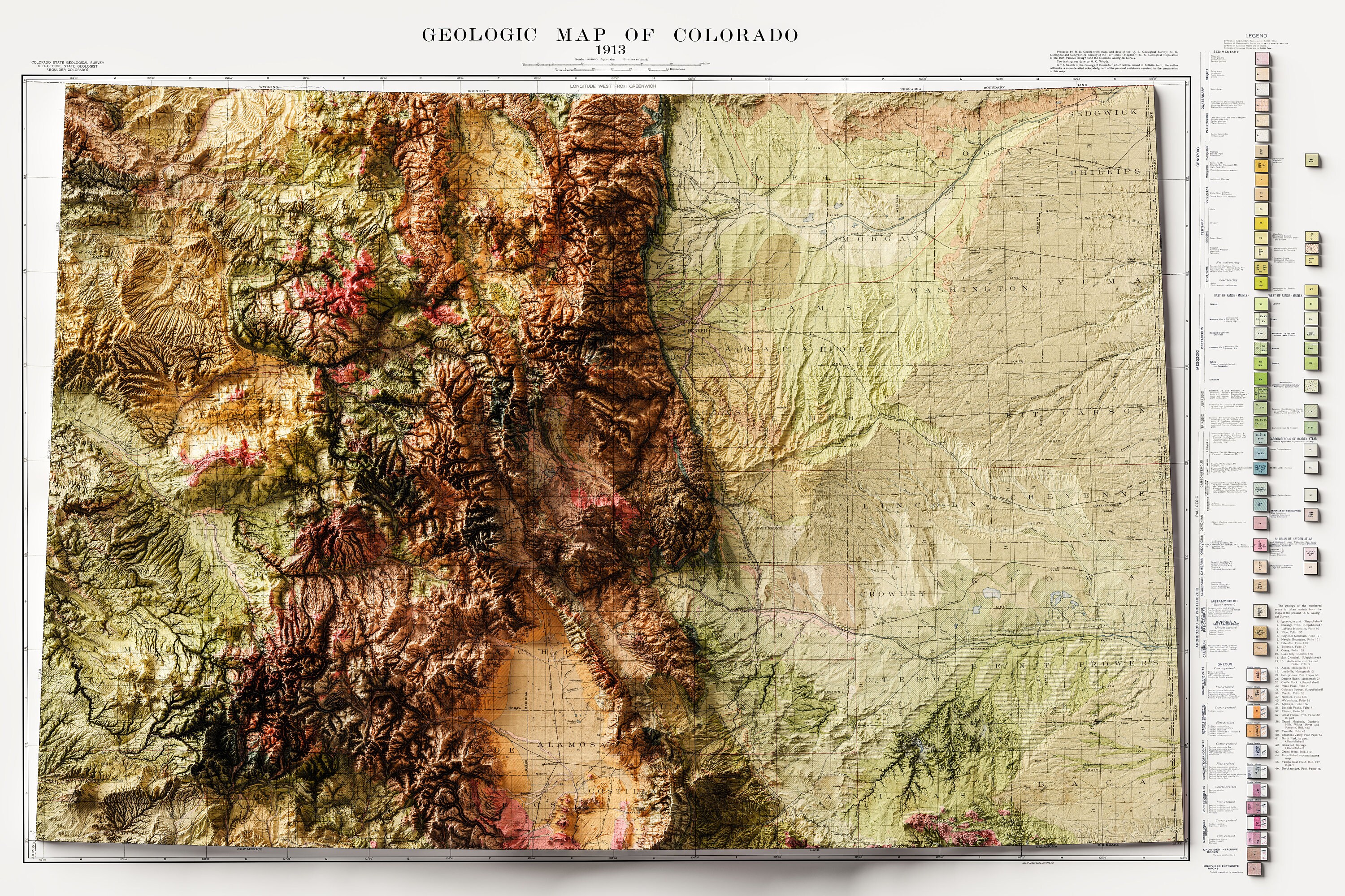 1913 Colorado Geological Map Print, Shaded Relief Style Vintage Wall ...