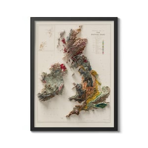 Kaart Britse eilanden, geologische kaart van het Verenigd Koninkrijk en Ierland 1901, vintage herdruk historische gearceerde reliëfkaart, kunst aan de muur VK, kaart VK