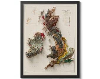 British Isles Geological Map – 1901 Vintage Print with Shaded Relief | UK & Ireland Wall Art | Historical Map Poster