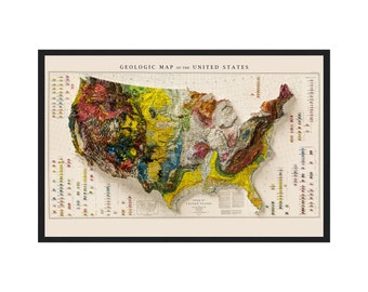 May include: A vintage geologic map of the United States, showing the different rock formations and geological features across the country. The map is in a black frame and features a colorful, detailed illustration of the United States.