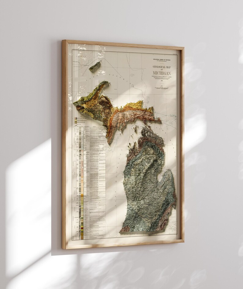 Vintage Michigan Map Print, 1916 Geologic Shaded Relief Wall Art - Etsy