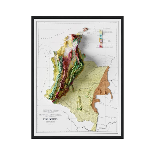 Kolumbien Karte Druck, Vintage Reprint Historische Karte von Kolumbien mit Reliefeffekt, Kolumbien Wandkunst, Wanddekoration, Kolumbien Poster