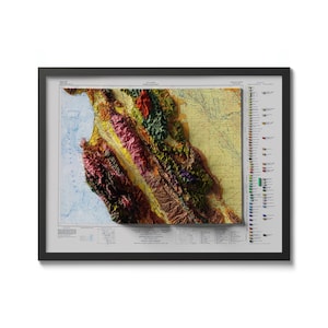 Mapa geológico de Santa Cruz, Califórnia, reimpressão vintage, mapa histórico com efeito de relevo, arte de parede de Santa Cruz, pôster de impressão de Santa Cruz