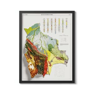 Boliwia Mapa Wydruku, Vintage Przedruk Historycznej Mapy Boliwii Z Efektem Reliefowym, Boliwia Sztuka Ścienna, Dekoracja Ścienna, Boliwia Plakat