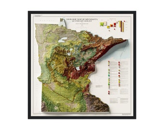 May include: A detailed geological map of Minnesota, showing the state's topography and Quaternary geology. The map is framed in black and features a 3D relief effect.