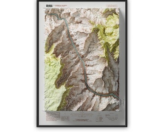 May include: A vintage topographic map of the Grand Canyon National Park, showing the Colorado River winding through the canyon. The map is printed in shades of brown, green, and blue, with elevation lines and contour lines.