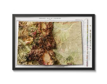 Stampa della mappa geologica del Colorado del 1913, stile rilievo ombreggiato, arte murale vintage