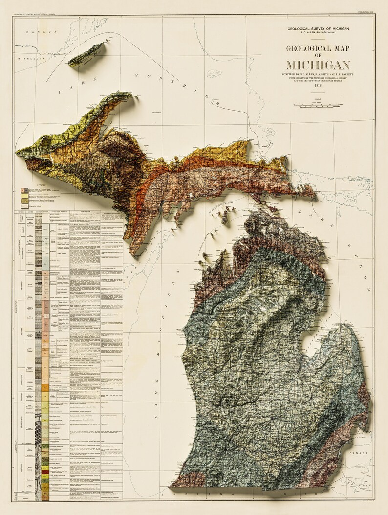 Vintage Michigan Map Print, 1916 Geologic Shaded Relief Wall Art - Etsy