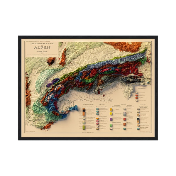 Alpenkarte, geologisches Poster 1923 der Alpen, Vintage-Nachdruck, historische Karte der Alpen mit Reliefeffekt, Alpen-Vintage-Kunst, Alpen-Dekor, Alpen-Druck