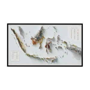 Kaart Indonesië 1965-vintage herdruk historische muurkaart met reliëfeffect, woondecoratie Indonesië, vintage kunst Indonesië