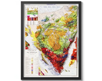 May include: A vintage geological map of Sinai, Egypt, with a colour-coded key showing different rock formations and geological features. The map is framed in black and features the text "Sinai Geological Map" and "Geological Survey of Israel".