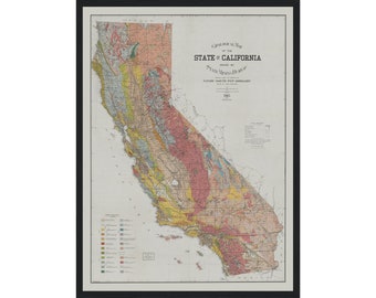 May include: A vintage geological map of the State of California, produced by the State Mining Bureau in 1906. The map shows the different geological formations of the state in various colours.