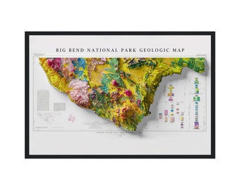 Big Bend National Park Map, Big Bend Geologic Wall Art, Emory Peak TX Vintage Reprint Historical Map With Relief Effect, Texas Wall Decor