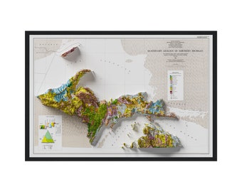 Northern Peninsula of Michigan Map, Upper Michigan Peninsula Map, Michigan Geologic Map, Wall Map With Relief Effect, Map Print