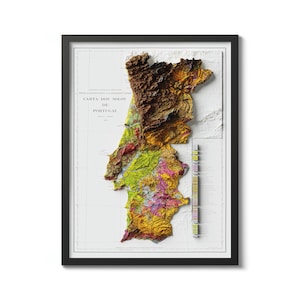 Kaart van Portugal, geologische kaart van Portugal 1971, vintage herdruk historische kaart met reliëfeffect, kunst aan de muur Portugal, woondecoratie Portugal