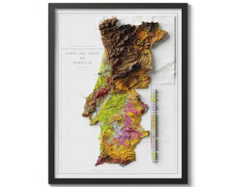 May include: A vintage map of Portugal's soil types, printed in black and white with a color-coded key. The map shows the different soil types found in Portugal, with a legend to the right of the map.