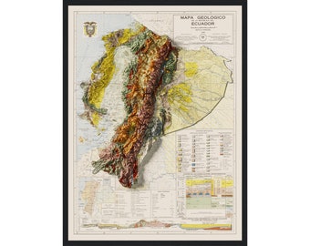 Ecuador Geologic Map 1969 Vintage Reprint Historical Map With Relief Effect, Ecuador Art, Ecuador Poster, Ecuador Gifts, Ecuador Home Decor