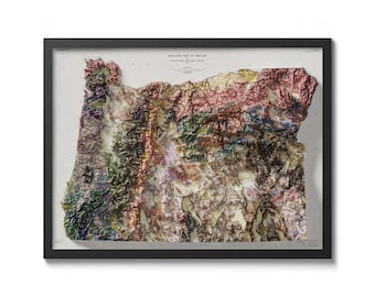 May include: A detailed geological map of Oregon, showing the state's diverse terrain and geological formations in a colorful, textured style. The map is framed in black and features the title "Geological Map of Oregon".