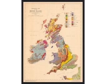 May include: A vintage geological map of the British Isles, showing the different rock formations in various colors. The map is framed in black and has a key with the different rock types and their ages.