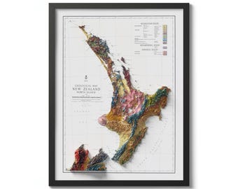 Nuova Zelanda 1947 North Island Geological Map Vintage Reprint Mappa storica con effetto rilievo, regalo d'arte murale vintage