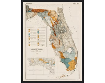 Florida Geologic Map 1945 Vintage Reprint Historical Map With Relief Effect, Vintage Wall Art, Florida Map Print