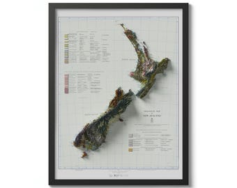 May include: A framed geological map of New Zealand with a 3D effect showing the terrain of the North and South Islands. The map is printed on a white background with a grid pattern and includes a legend of geological formations.