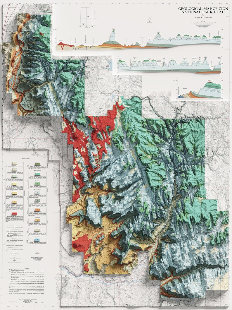1987 Zion National Park Map Wall Art, Unique Geological Gift, Fine Art