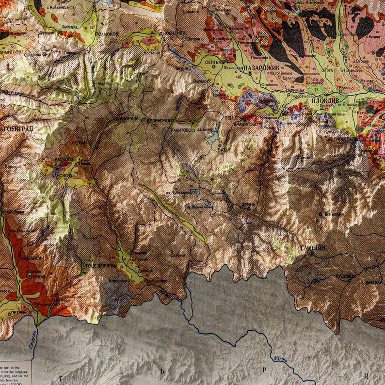 Bulgaria Vintage Map Wall Decor 1965, Historical Map With Relief Effect