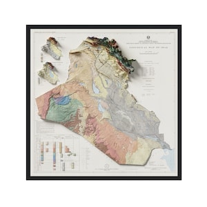 irakische Karte, irakische geologische Karte 1986, irakische Wandkunst, irakische Geschenk, historische Karte mit Reliefeffekt, irakische Wandkunst, irakische Kunst
